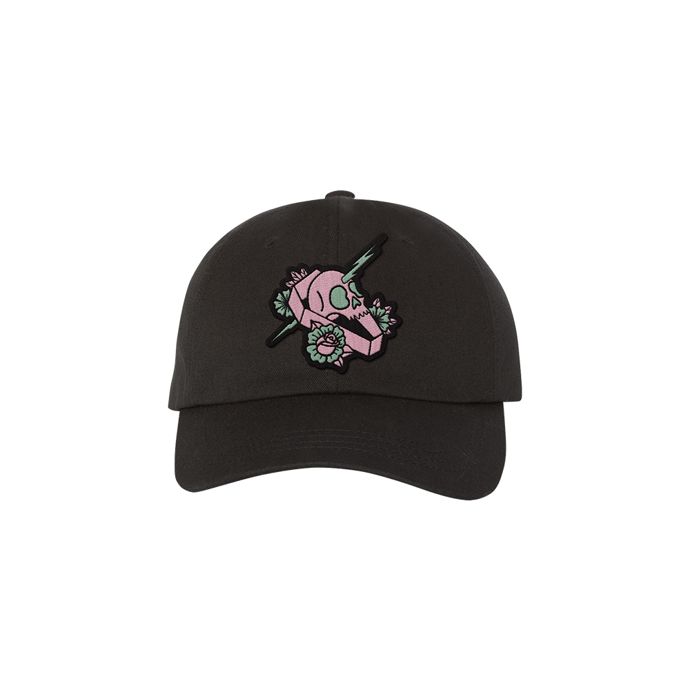 Black baseball cap with a pink skull and lightning bolt design on the front.