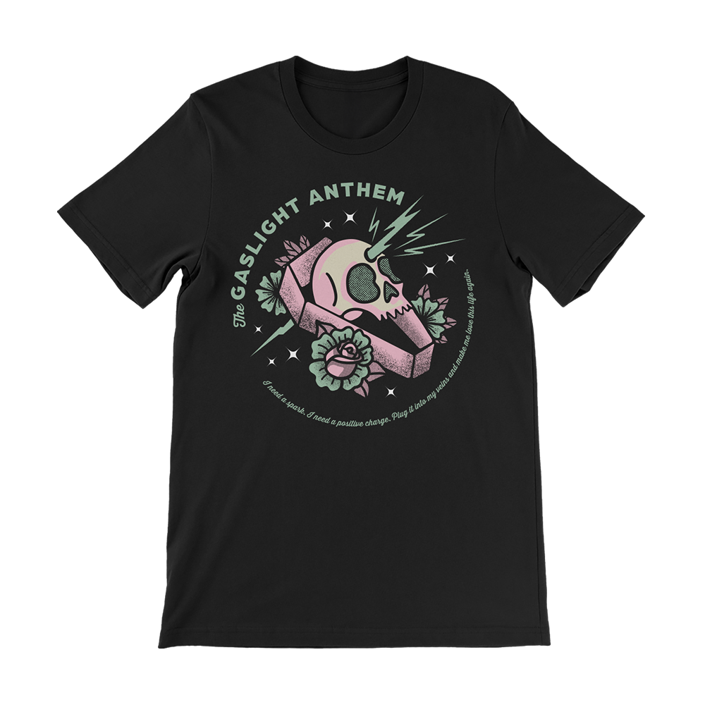 Black t-shirt with a pastel-colored skull and rose design featuring the text ’GASLIGHT ANTHEM’.