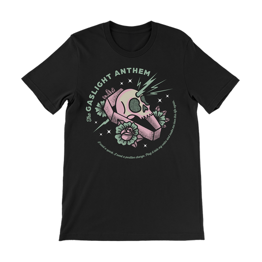 Black t-shirt with a pastel-colored skull and rose design featuring the text ’GASLIGHT ANTHEM’.