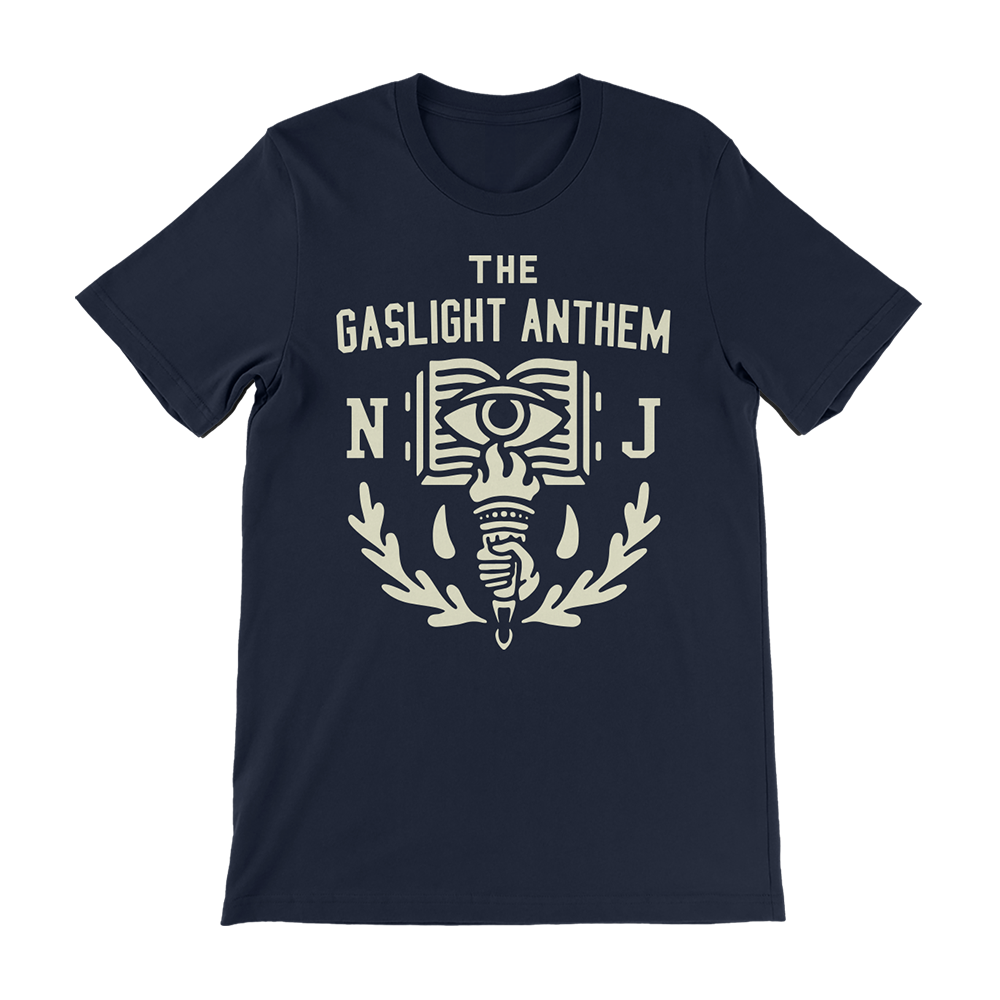 Navy blue t-shirt with ’The Gaslight Anthem NJ’ logo and design printed in off-white.