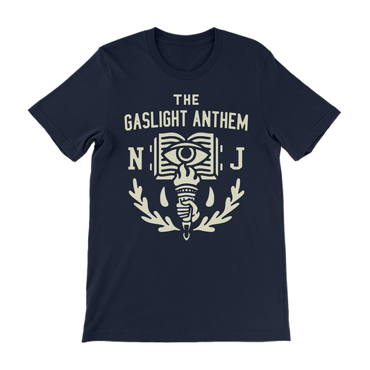 Navy blue t-shirt with ’The Gaslight Anthem NJ’ logo and design printed in off-white.