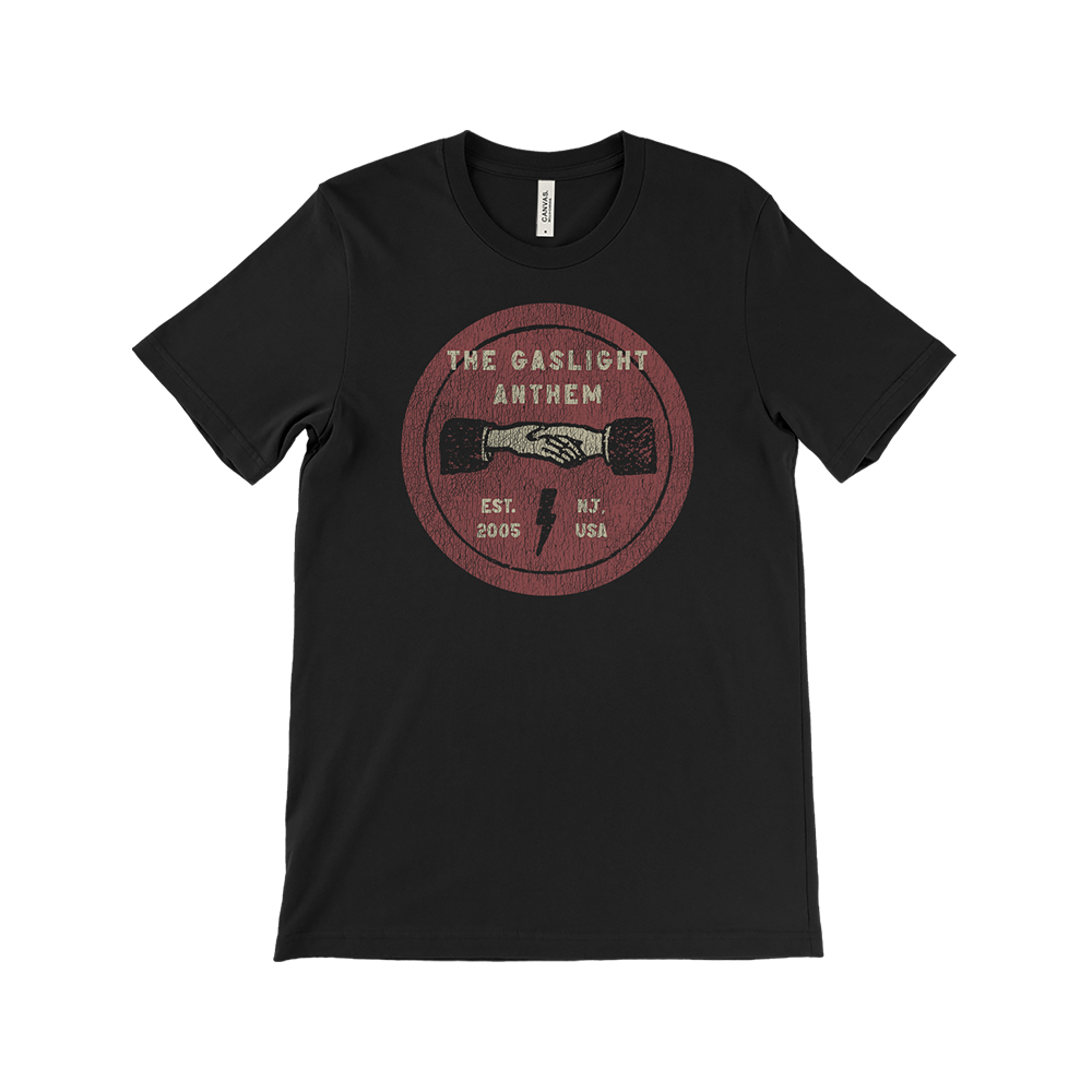 Black t-shirt with a circular red logo for ’The Gaslight Anthem’ featuring a handshake and lightning bolt.