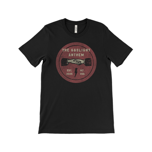 Black t-shirt with a circular red logo for ’The Gaslight Anthem’ featuring a handshake and lightning bolt.