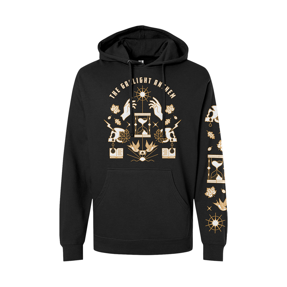 Black hoodie sweatshirt with gold and white graphic design featuring mystical symbols and text.