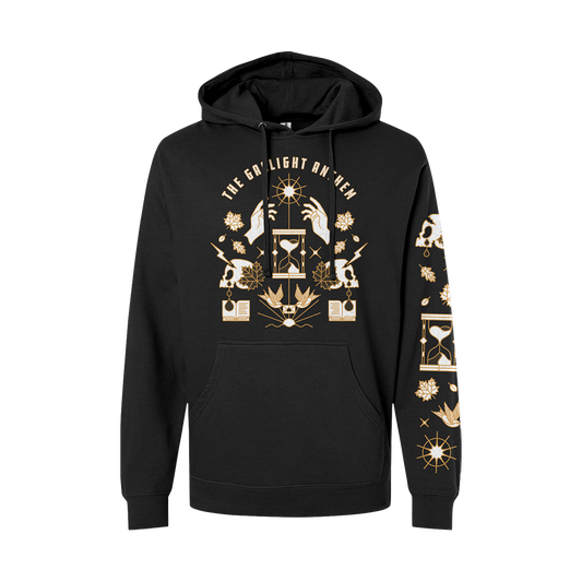 Black hoodie sweatshirt with gold and white graphic design featuring mystical symbols and text.